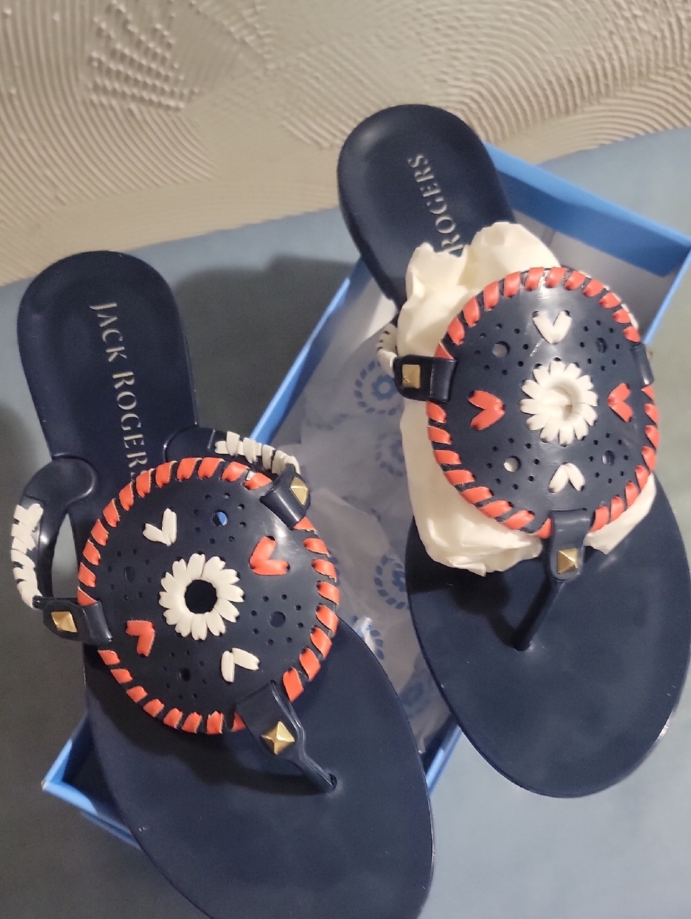 Jack Rogers Navy Sandals with Red and White Floral Medallions
